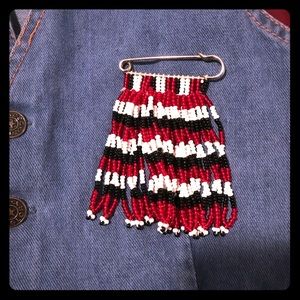 Beaded strands pin red white & black beads on large pin Vintage